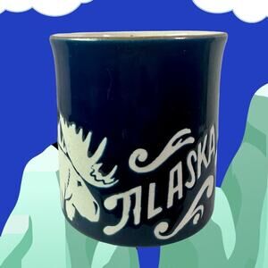 VTG 1982 Alaska ACE Dark Blue Ceramic Etched Moose Eagle Small Coffee Mug Cup